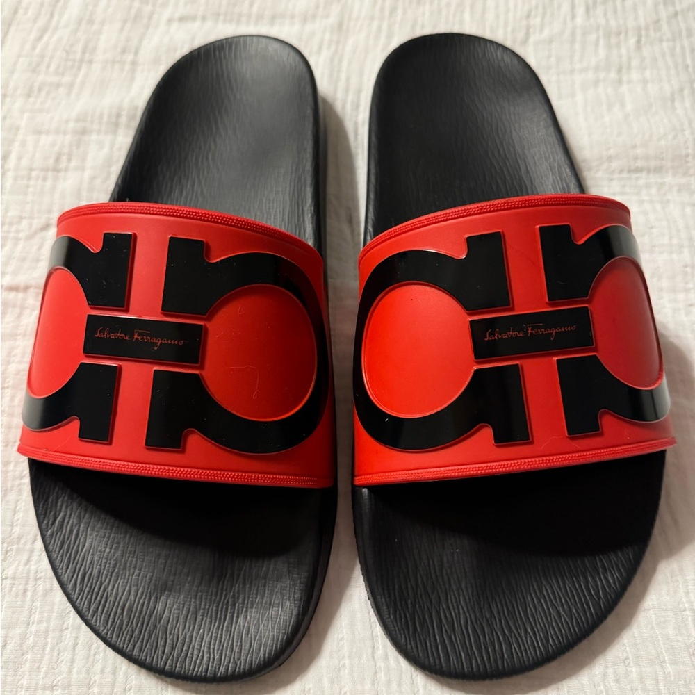 Salvatore Ferragamo Red and Black Slides